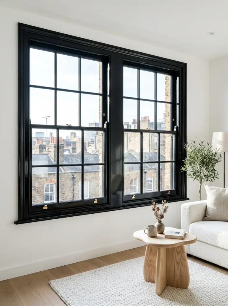 Interior window sashes painted high gloss black against white walls