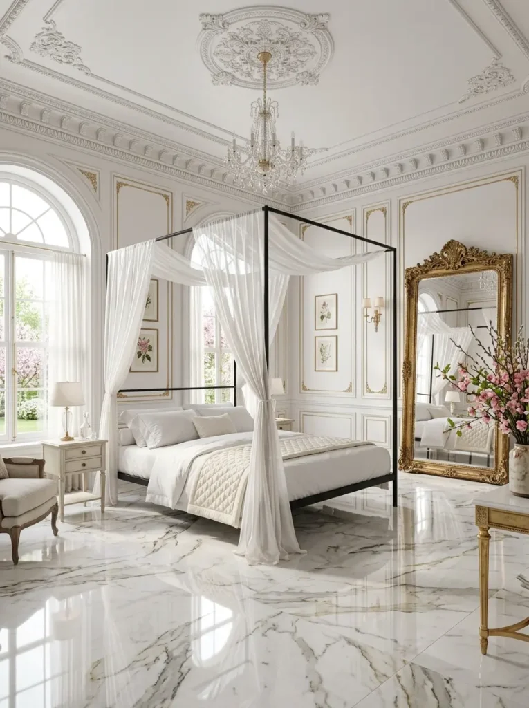 Thin dark metal canopy frame with sheer white fabric panels glossy marble tiles and a stunning crystal chandelier hanging above