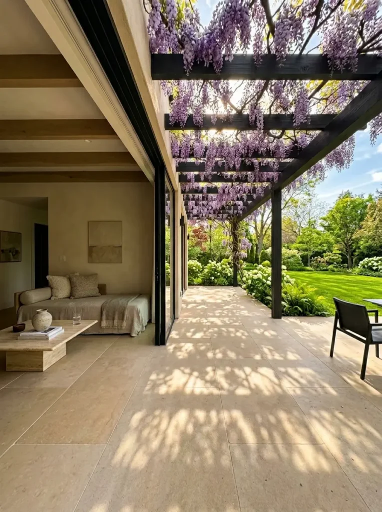 Outdoor stone patio with a black pergola covered in blooming purple wisteria.