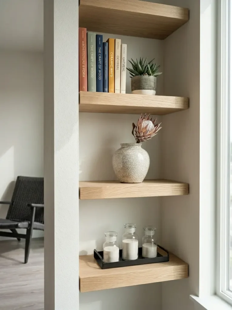 Thick oak floating shelves wedged inside a narrow wall alcove holding books and vases
