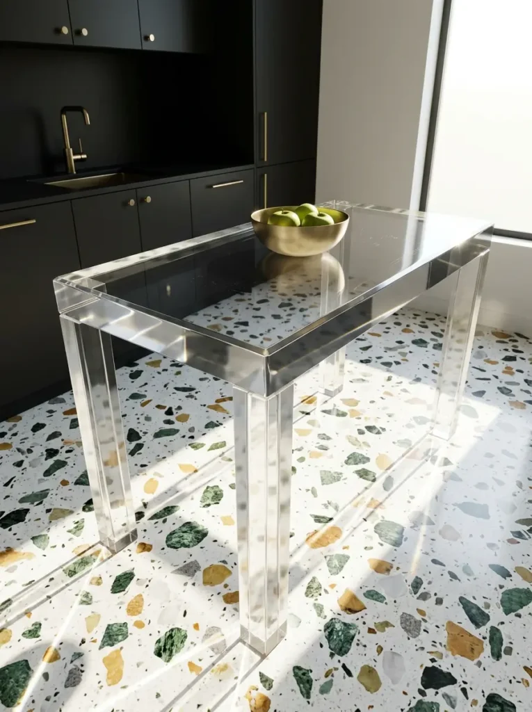 Transparent acrylic kitchen island sits on colorful terrazzo flooring