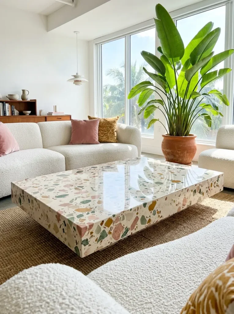Colorful Terrazzo Coffee Table Large rectangular terrazzo coffee table with pink and green stones surrounded by white boucle sofas.
