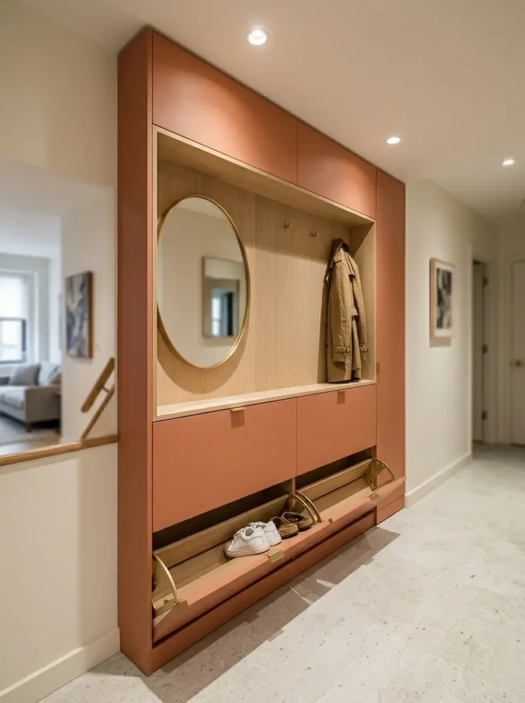 Shallow terracotta colored entryway cabinet with pull down shoe compartments and a round mirror.