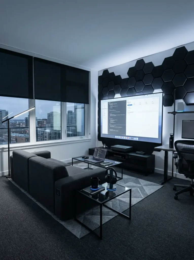 Gray couch facing large flat screen monitor surrounded by black hexagonal acoustic panels in modern tech apartment