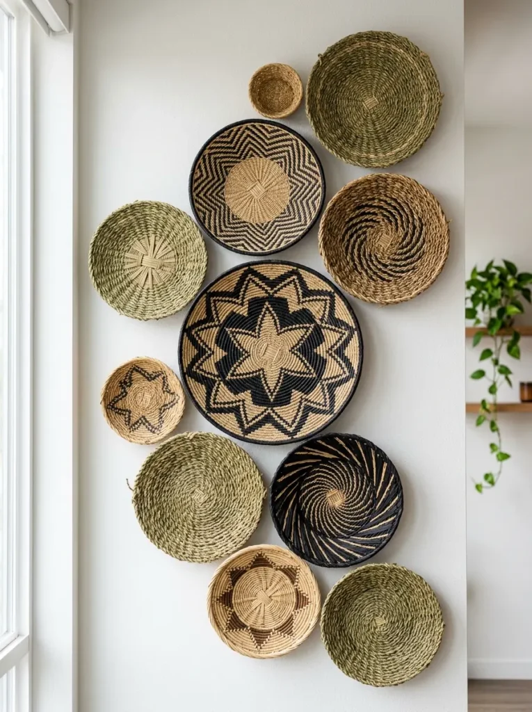 Assorted African style woven seagrass baskets arranged in a cluster on a blank white wall