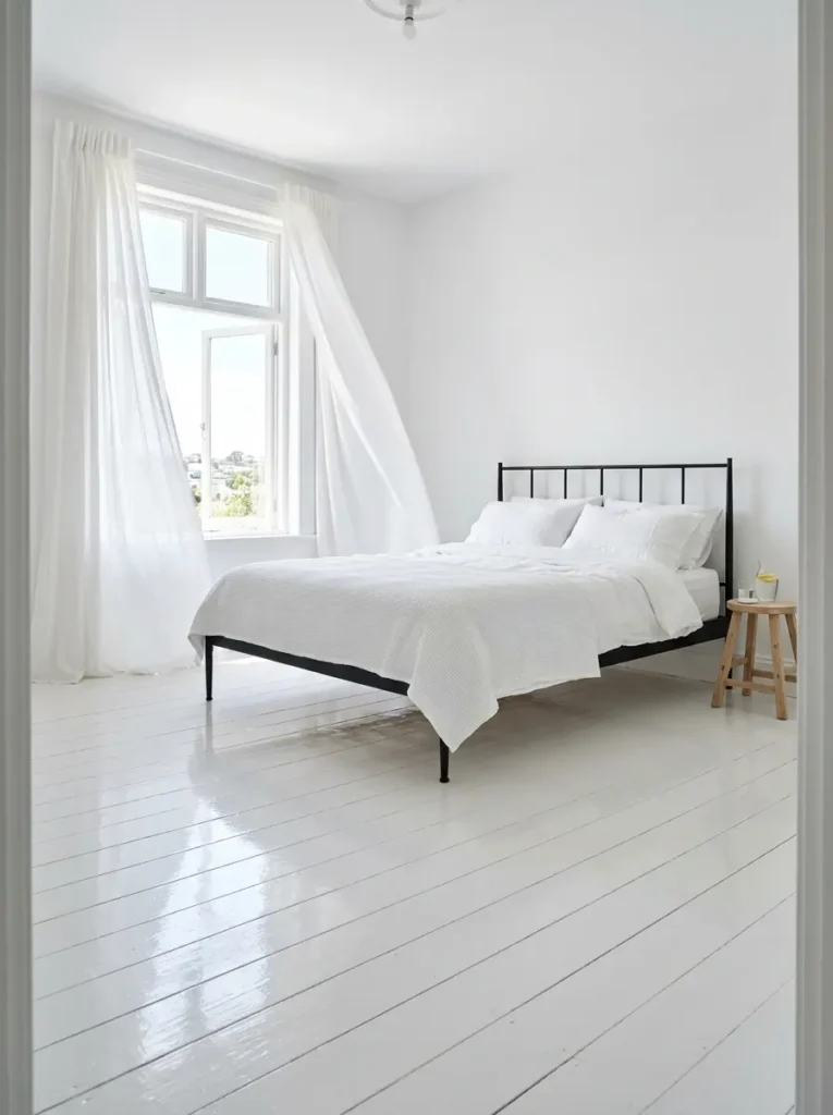 Modern black iron bed frame in a bright white room.
