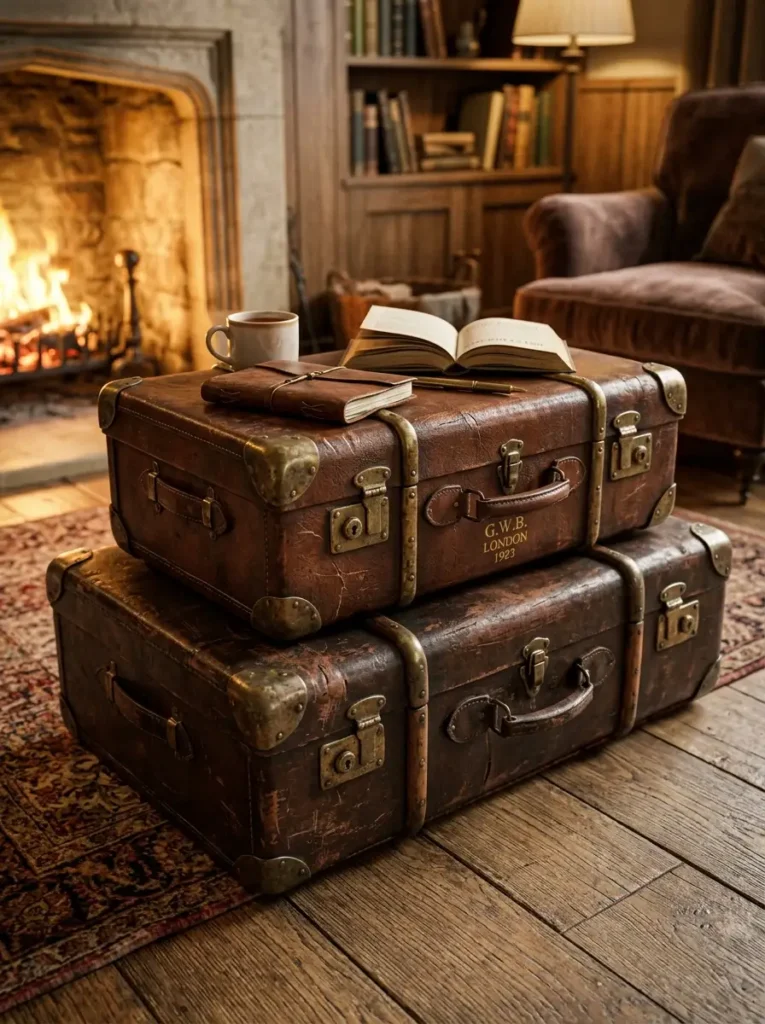 Stacked Vintage Suitcase Table Twin vintage brown leather suitcases with brass hardware stacked together serving as a side table.
