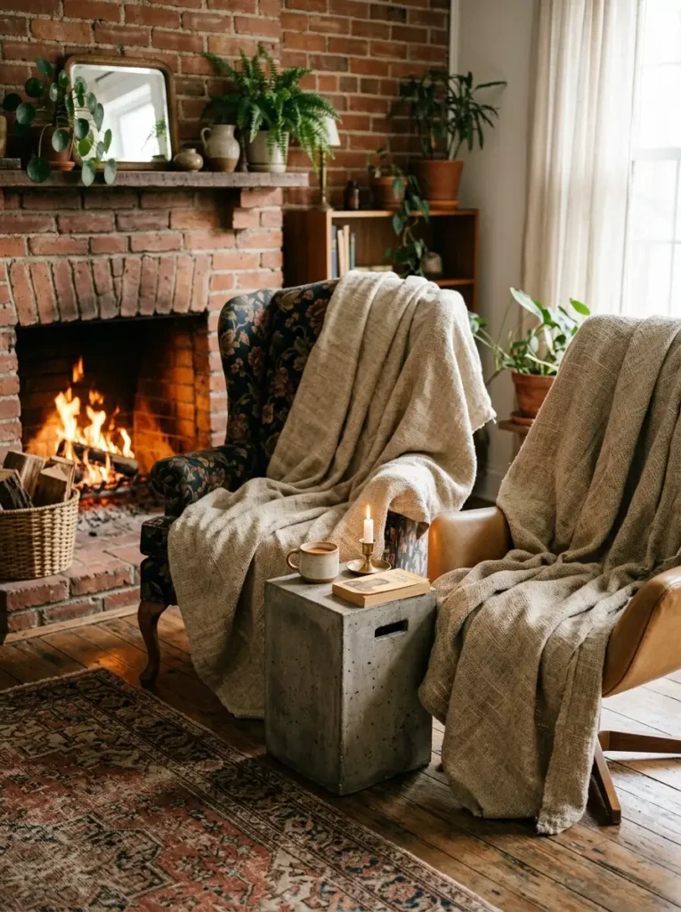 Unified Mismatched Living Room Armchairs Two different living room armchairs tied together visually by draping identical heavy woven throw blankets over them