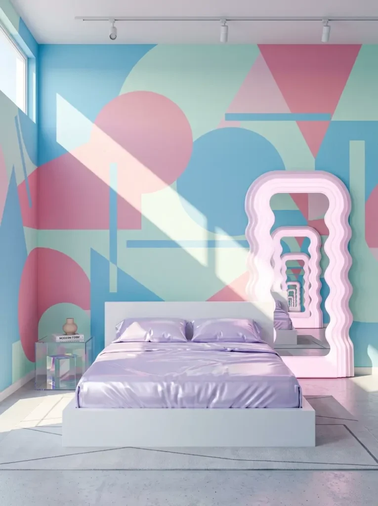 Abstract painted geometric shapes in icy blue and pink on a wall behind a lilac bed with a layered wavy pink mirror