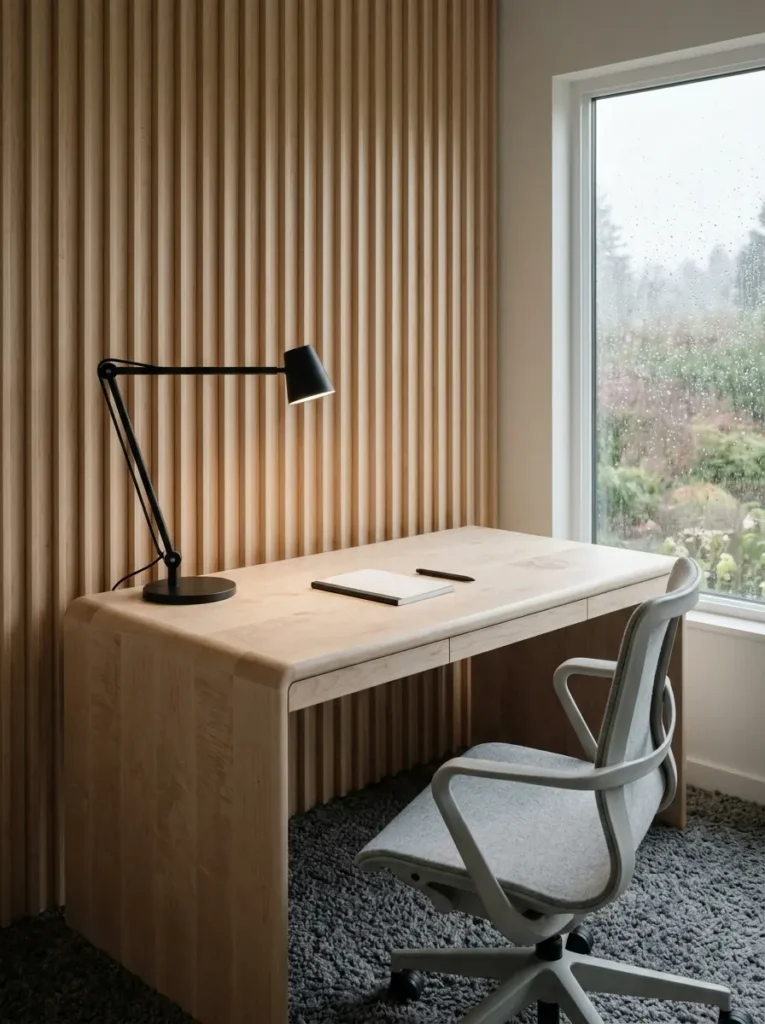 Home office featuring a vertical wood slat wall and a light maple desk.
