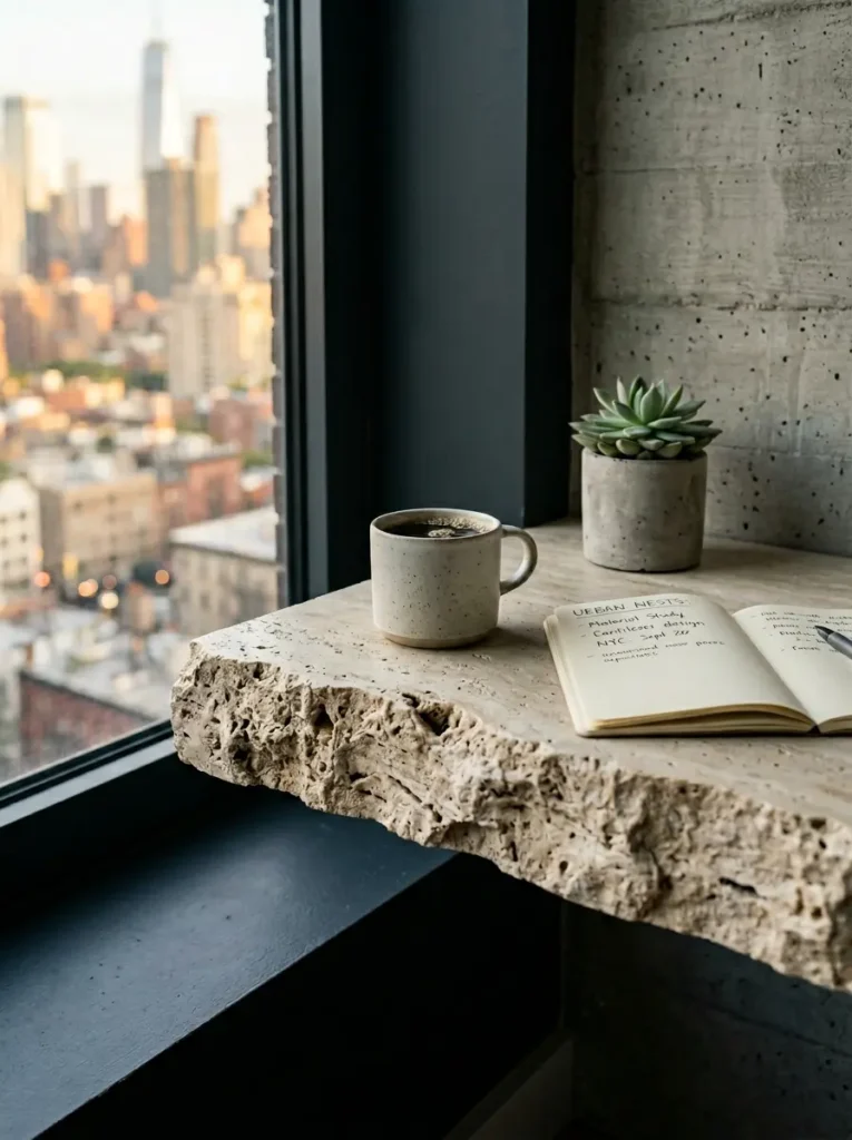 Raw edge travertine stone slab mounted to a window sill as a desk