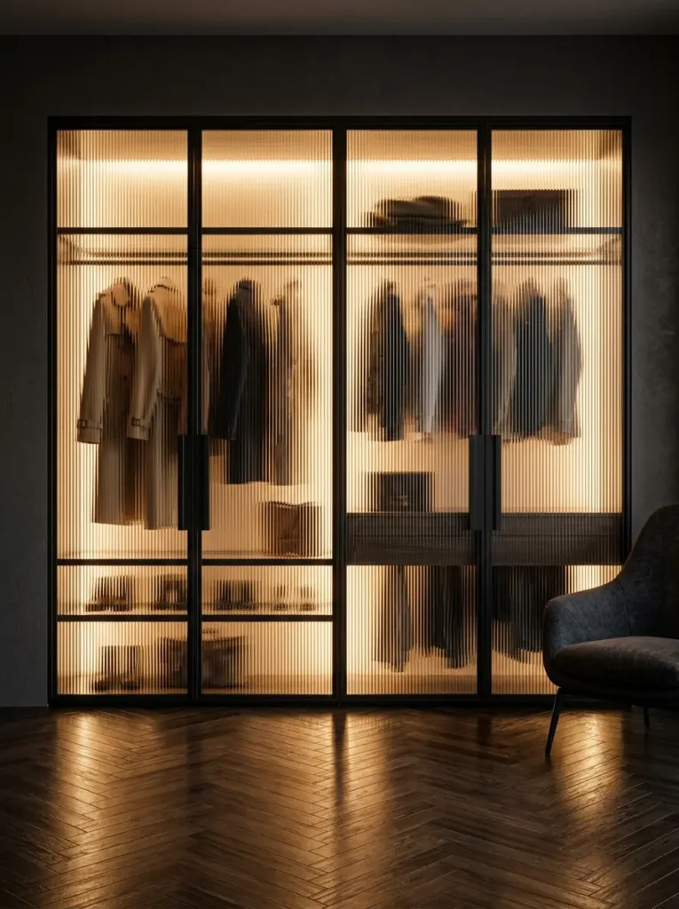 Fluted Glass Wardrobe Doors Black framed wardrobe with fluted glass doors illuminated from the inside showing hanging clothes.