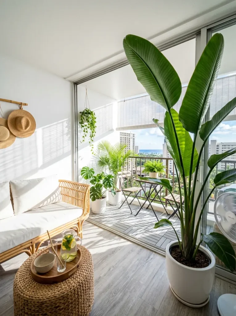 Natural rattan sofa and woven seagrass coffee table next to large open balcony door with tall green tropical plant