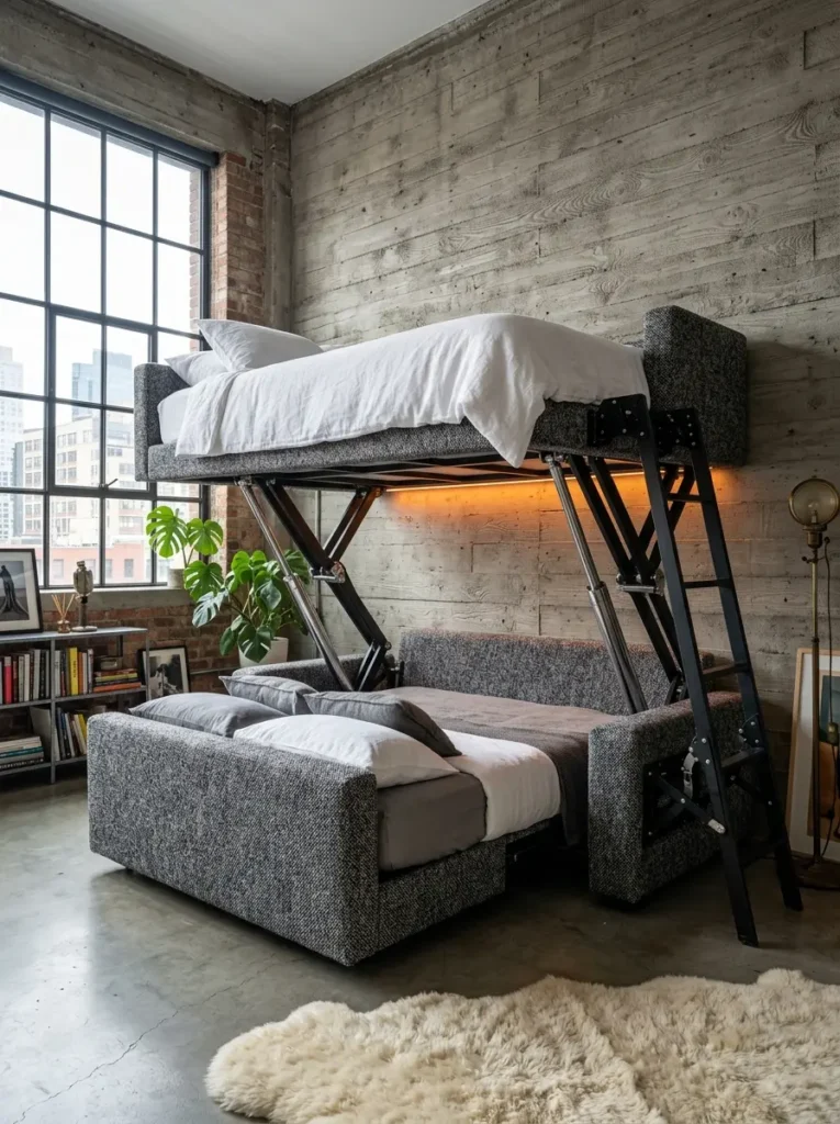 Gray tweed couch mechanically unfolded into a two tier bunk bed with a metal ladder.