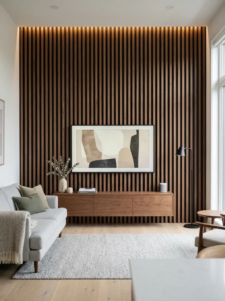 Vertical Wood Slat Accent Wall Living room wall covered in thin vertical wood slats surrounding a modern flat screen television.