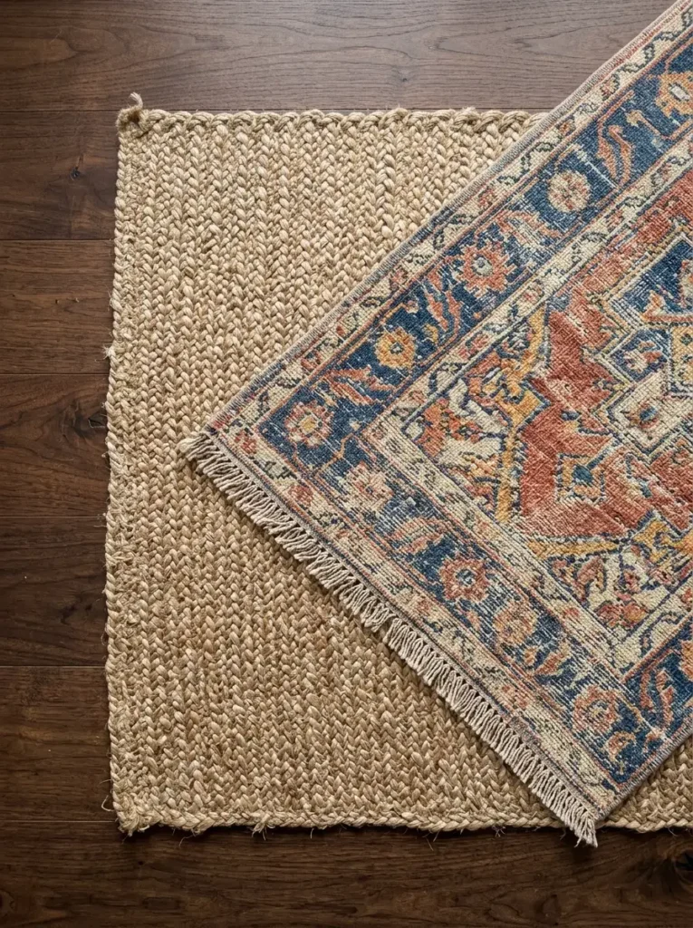 Layered Vintage Rugs | StylishGalore Vintage style printed Turkish runner rug layered diagonally over a thick braided jute rug