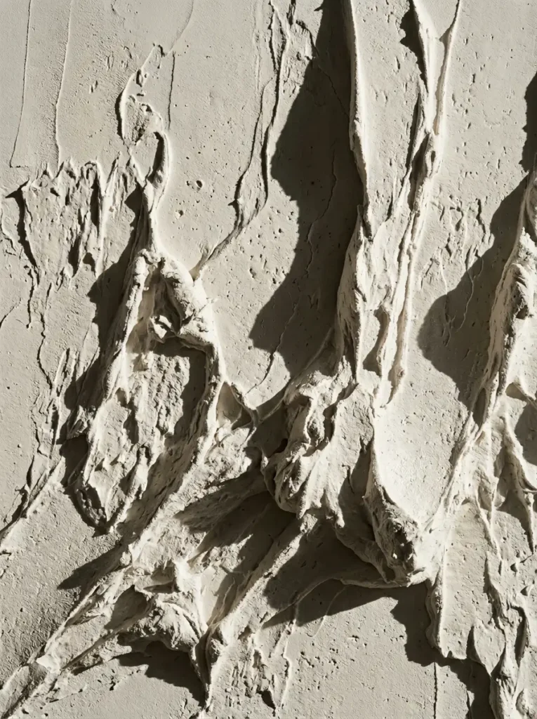 Textured Spackle Wall Art Close up of textured white spackle art showing deep ridges and sharp shadows from harsh side lighting.