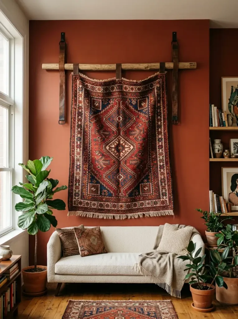 Suspended Geometric Rug Wall Tapestry Large geometric pattern vintage rug suspended from a wooden dowel using leather straps on a terracotta wall