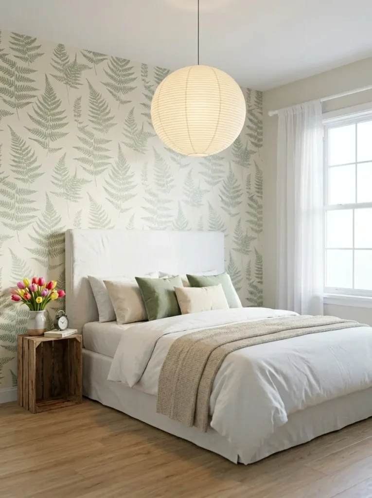 Delicate green fern frond wallpaper behind a bed with a white slipcovered headboard illuminated by a large round paper lantern