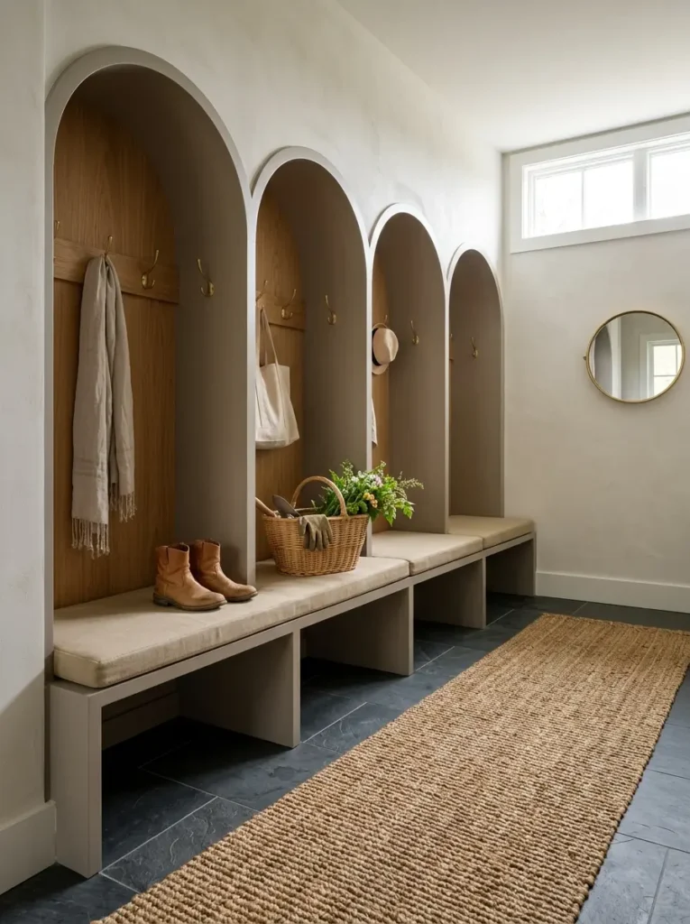 Built in mudroom storage lockers with arched tops and natural wood interiors.