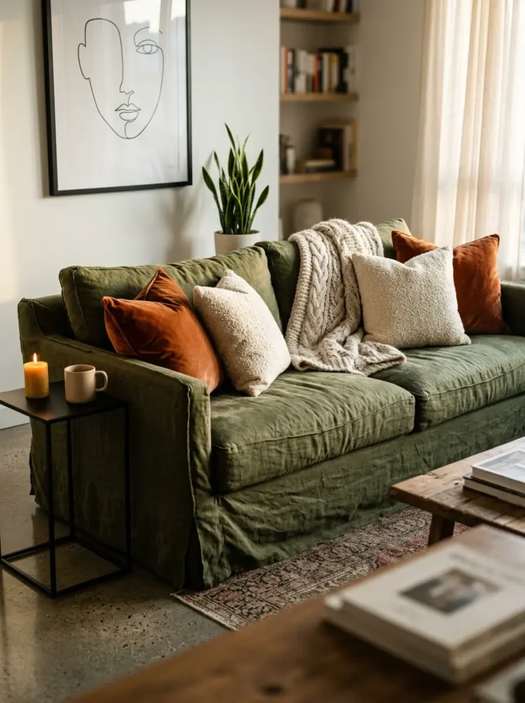 Living room sofa covered in a loose olive green linen slipcover with velvet pillows