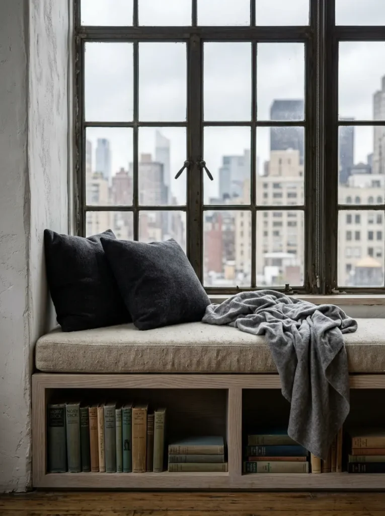 Built In Window Seating Built in wooden window seat with a beige cushion and open cubbies holding books below.