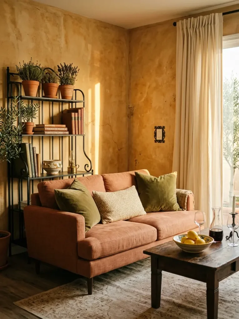 Rust colored sofa in front of textured ochre plaster wall with black iron shelving holding potted herbs