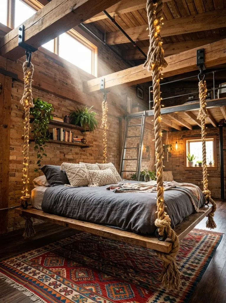 Large wooden bed platform suspended from the ceiling by thick nautical ropes wrapped in fairy lights.
