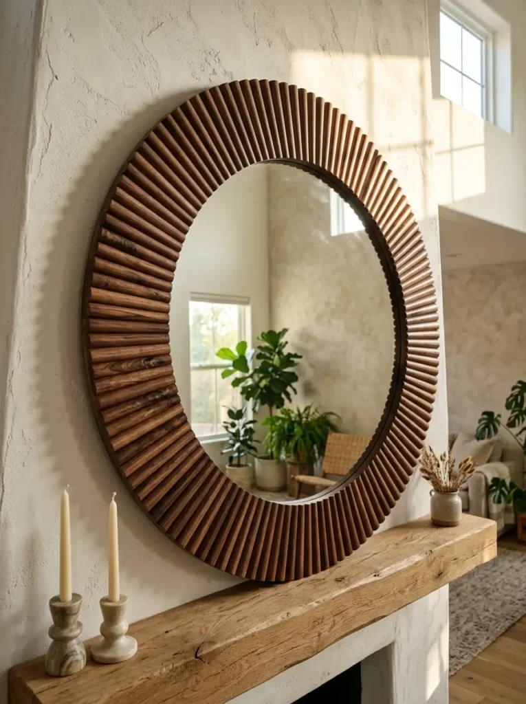Fluted Wooden Dowel Mirror Frame Large circular mirror featuring a custom frame made from stained wooden half dowels resting on a mantel.