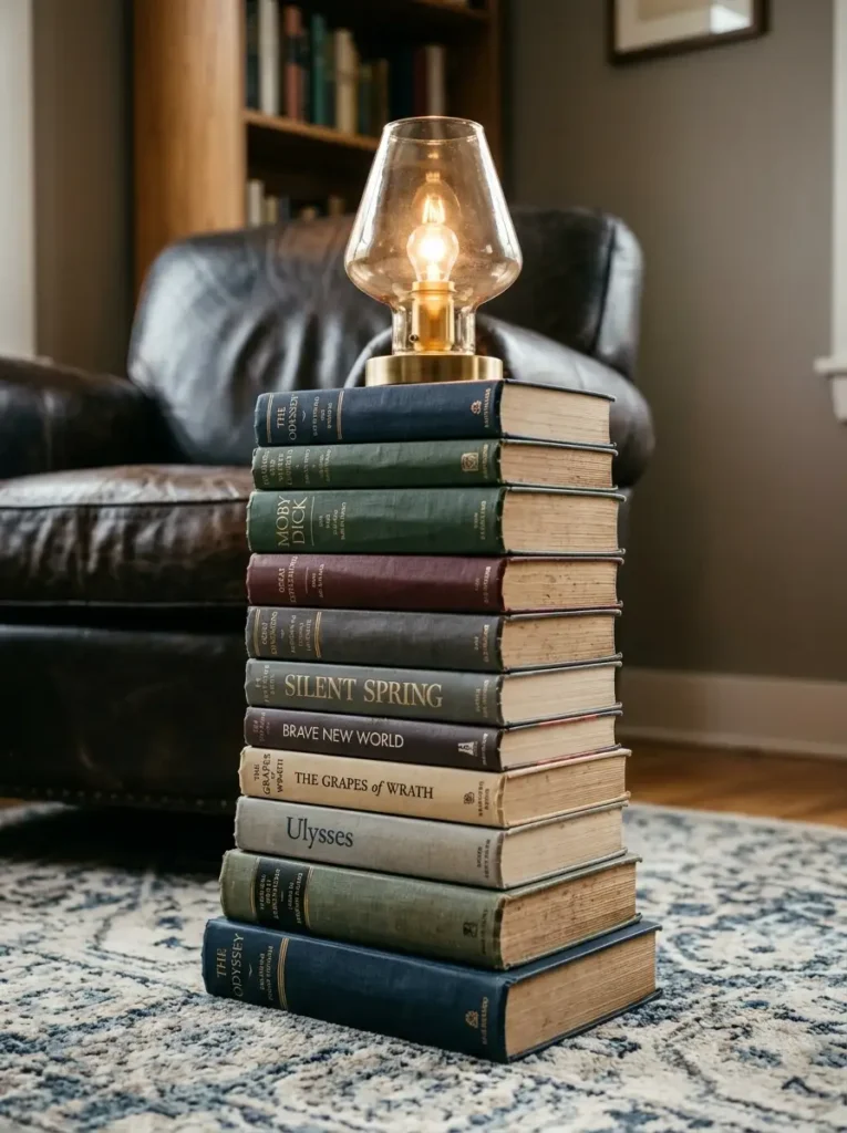 Stacked Book Side Table | StylishGalore Tall stack of vintage hardcover books serving as a side table holding a small glass lamp