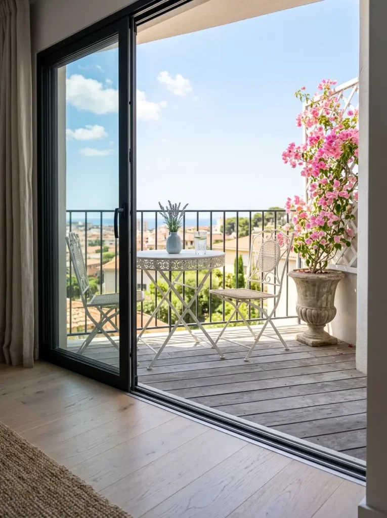 Small balcony with white metal chairs and pink bougainvillea.
