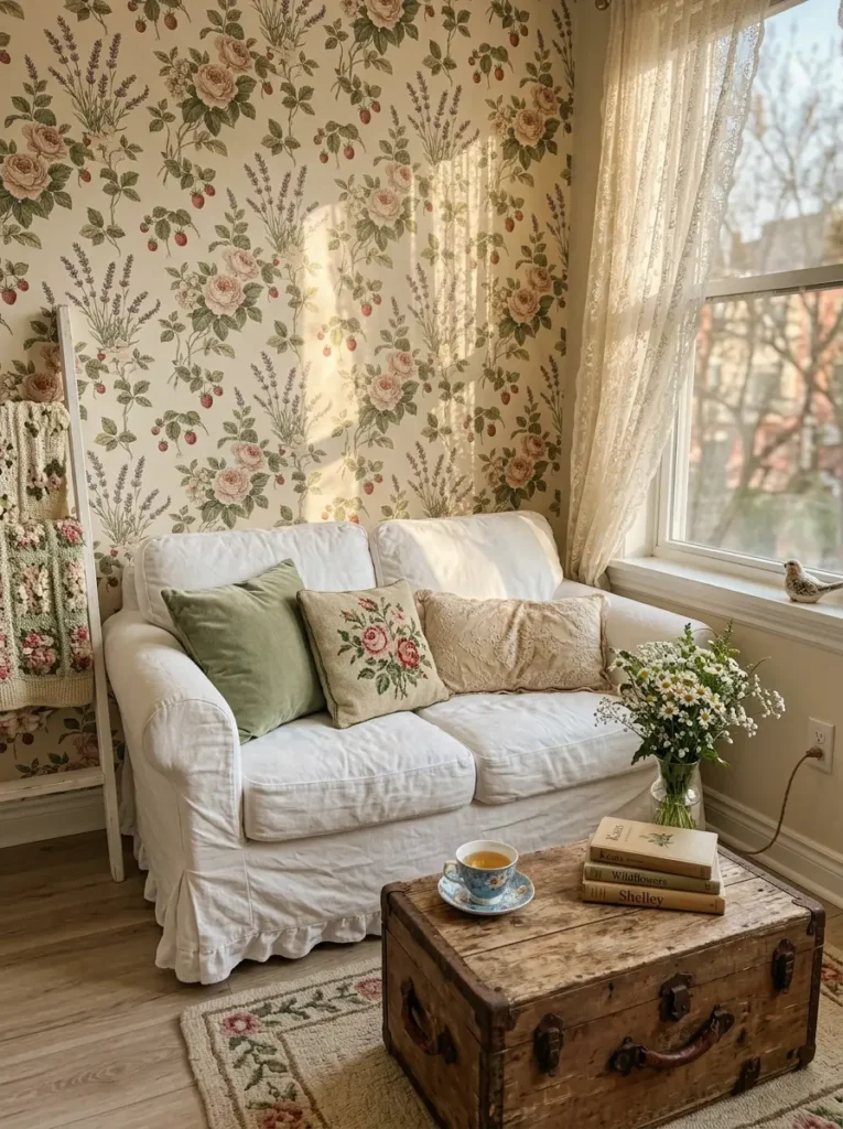 White slipcovered sofa under sunny window with floral wallpaper and vintage wooden trunk coffee table in cottage style small apartment