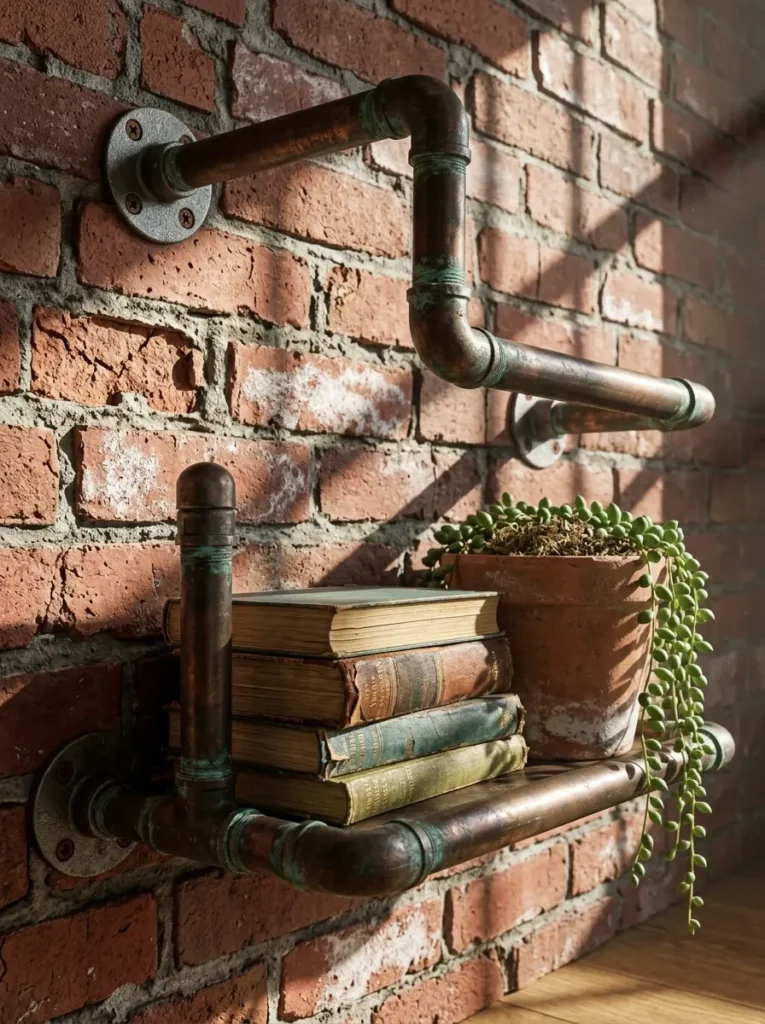 Floating wall shelves made from copper plumbing pipes for urban apartment decor