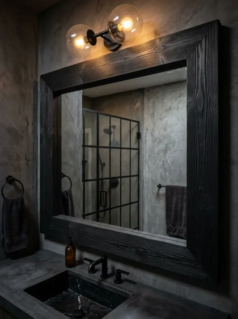 Dark Wood Bathroom Mirror Frame Bathroom mirror with a thick dark stained wood frame mounted on a gray concrete wall.