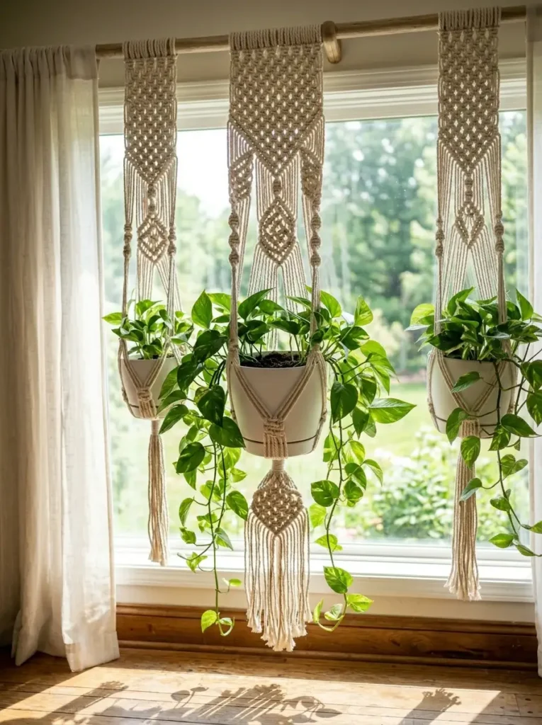 Macrame Curtain Rod Planters | StylishGalore Three macrame plant hangers holding white pots with green pothos vines suspended from a rod