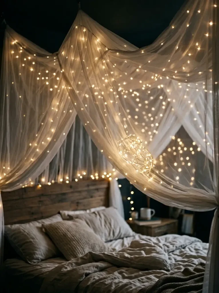 Sheer Canopy Fairy Lights Sheer white fabric canopy draped over a bed with woven fairy lights glowing warmly.