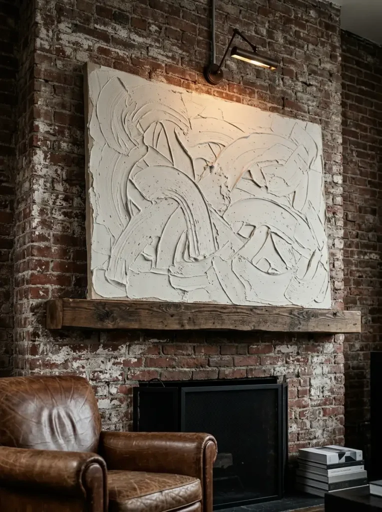 Textured Plaster Canvas Mantel Art Large unframed canvas with heavy textured joint compound sitting on a rustic wood mantel over a brick fireplace