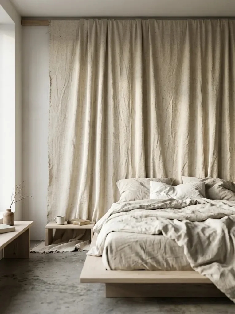Unbleached raw canvas fabric draped from the ceiling behind a low wooden platform bed.