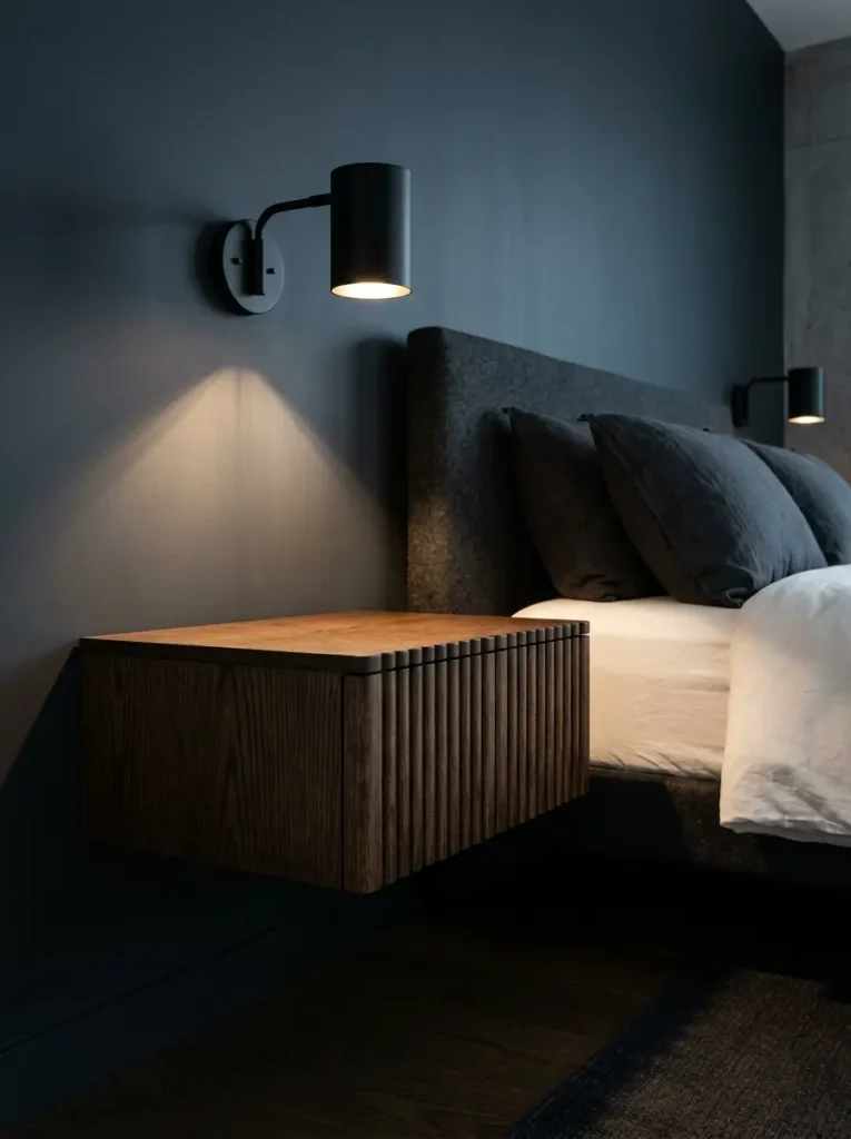 Ribbed wooden floating nightstand mounted on a dark charcoal bedroom wall