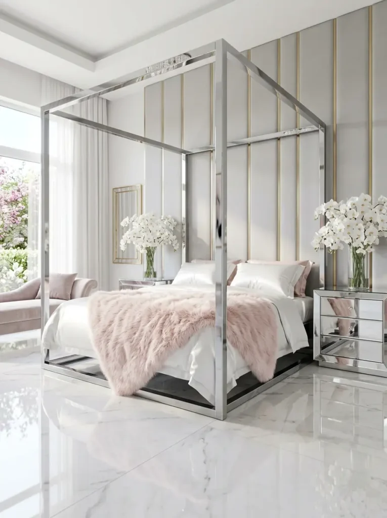 Shiny chrome four poster bed with fluffy pink throw blankets and mirrored nightstands holding white orchids in a bright room