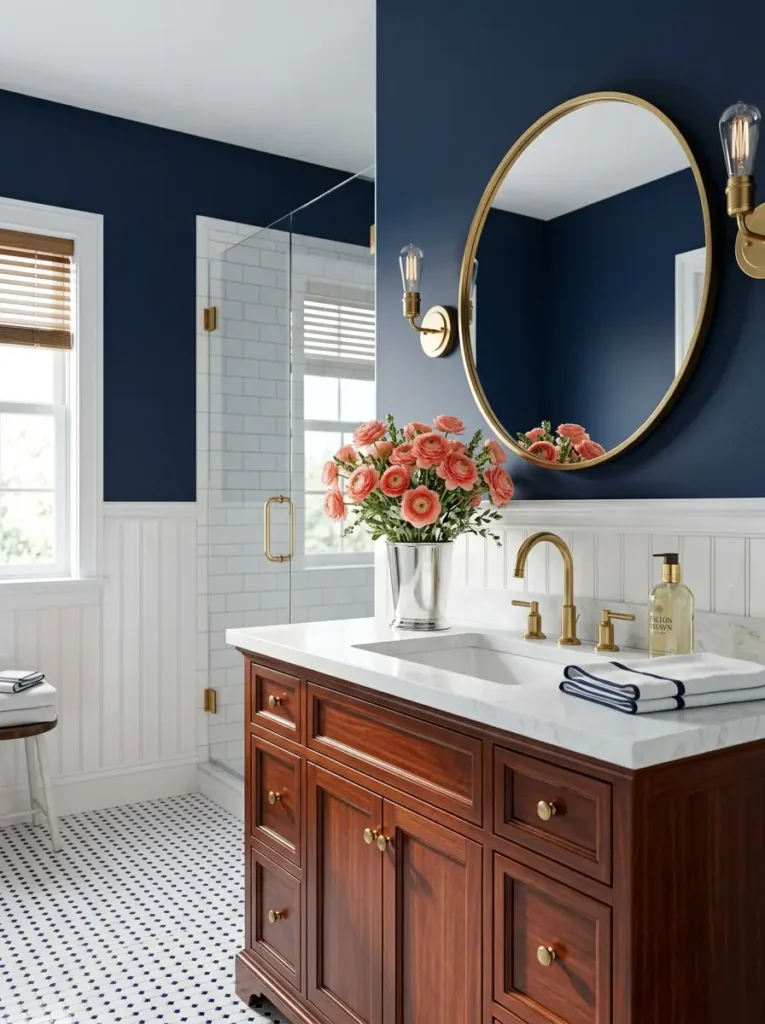 Navy blue bathroom walls with white beadboard and coral ranunculus on the vanity.
