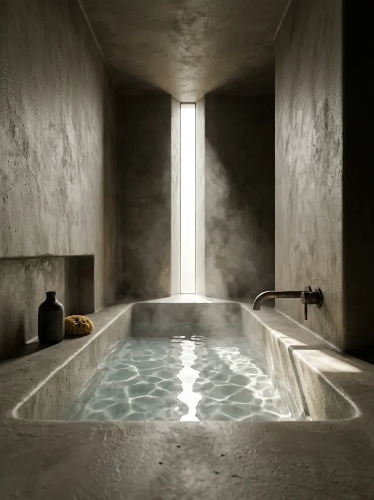 Minimalist sunken concrete bathtub with steam rising in a moody plaster room.