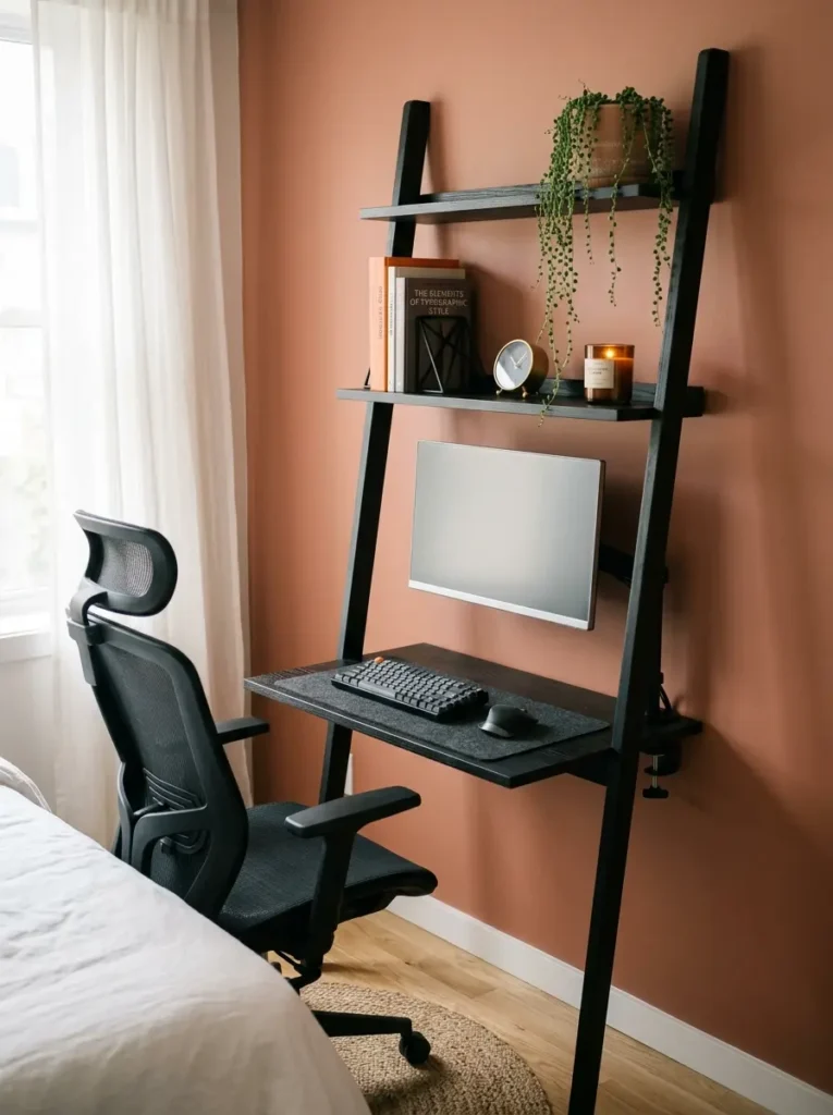 Black ash wood leaning ladder desk styled as a remote workspace in a small bedroom.