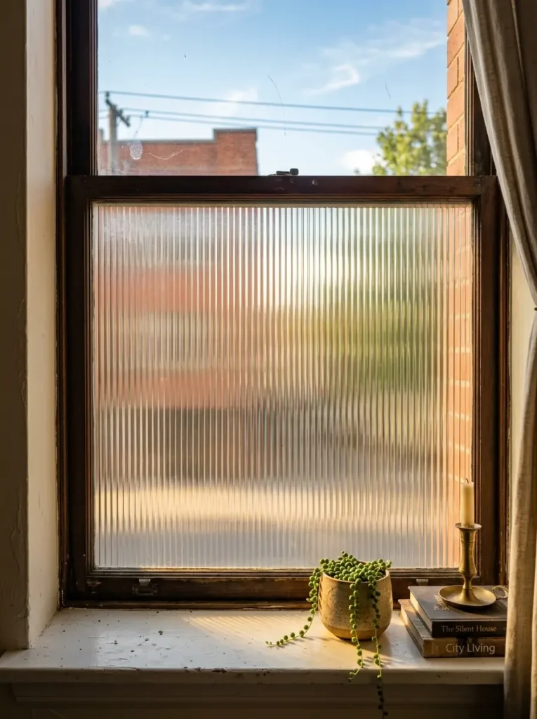 Lower half of a window covered in ribbed privacy film with a plant on the sill