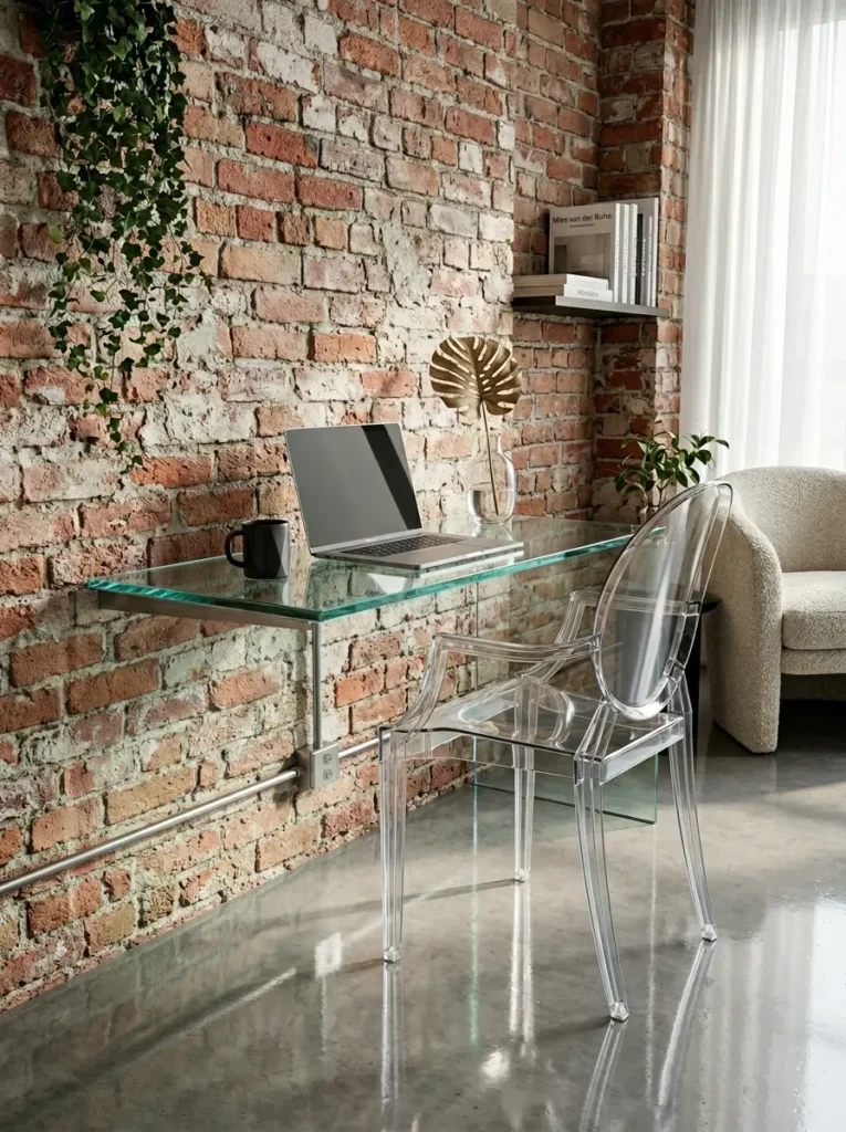 Clear glass floating desk bolted to an exposed brick wall with a transparent acrylic chair.
