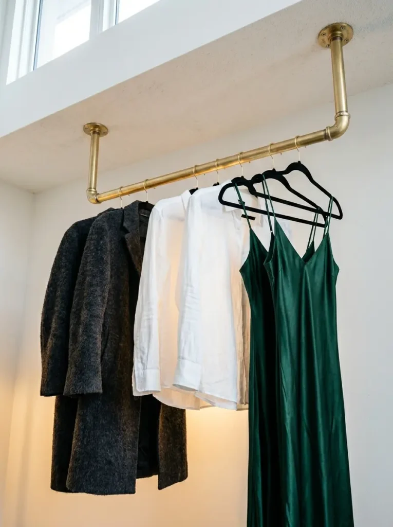 Brass pipe clothing rack hanging from the ceiling in a bedroom