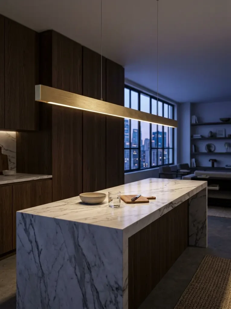 Linear Pendant Lighting Linear wood and metal pendant light hanging over a white marble kitchen island.