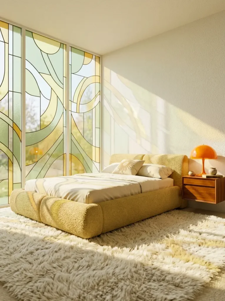 Colorful stained glass window panes filtering green and yellow light onto a textured yellow boucle bed and a fluffy white shag rug