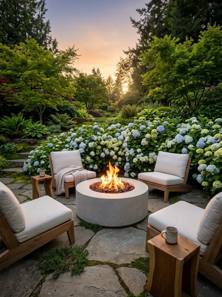 Circular concrete fire pit on a stone patio surrounded by blooming hydrangeas.
