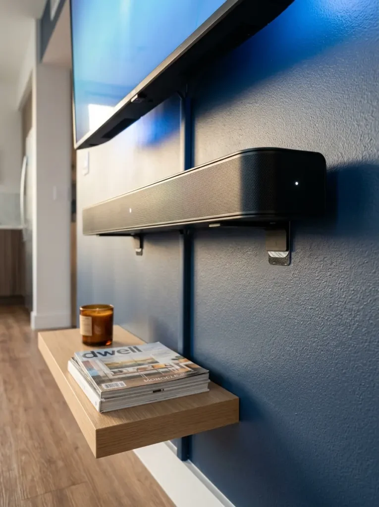 Black soundbar floating on a dark blue wall using adhesive mounting brackets